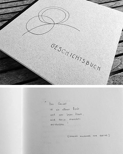 Aufgeschlagenes, handgebundenes „Gesichtsbuch“ von Nina Markert in Schwarz-Weiß: Cover mit minimalistischer, kreisförmiger Linien-Illustration eines Gesichts, daneben eine Innenseite mit einem Zitat von Johann Wolfgang von Goethe über das Gesicht als offenes Buch.